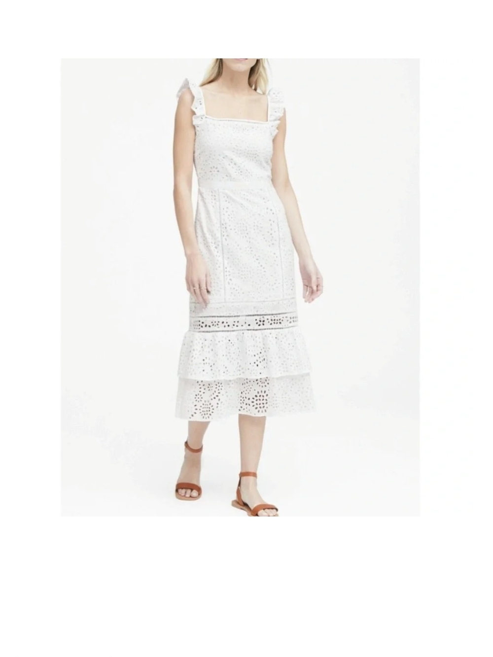 White Eyelet Tiered Midi Dress with Ruffle Straps